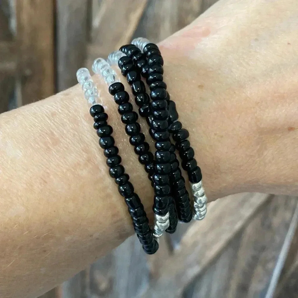 Black Silver & Clear Handmade Large Seed Bead Bracelet Necklace